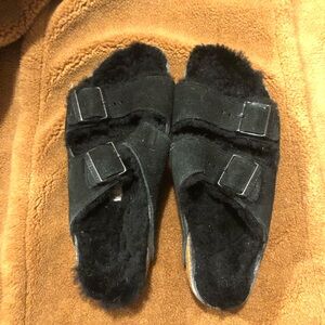 Birkenstock Two Strap Black Fuzzy Sandals